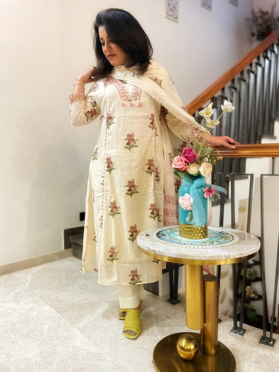 OFF WHITE FLORAL PRINTED COTTON SUIT SET