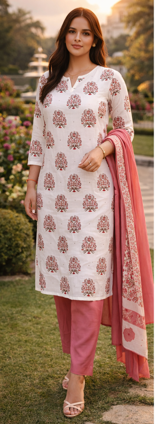 OFF-WHITE FLORAL COTTON SUIT SET