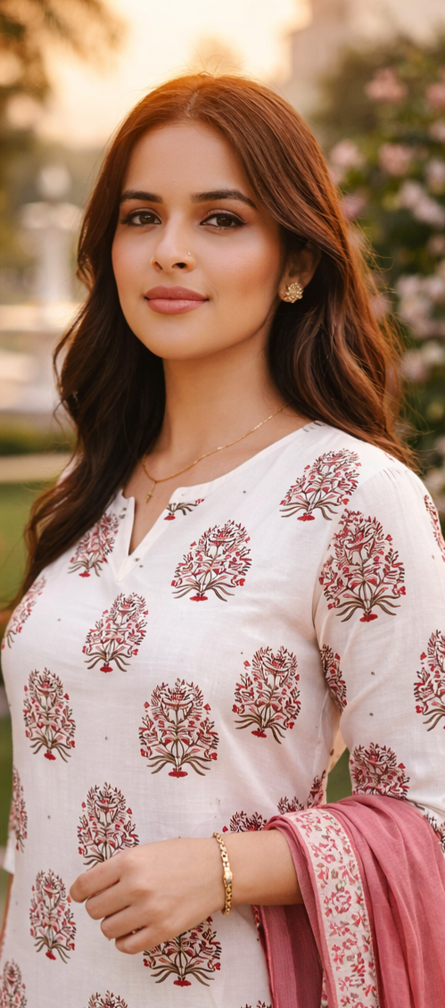 OFF-WHITE FLORAL COTTON SUIT SET