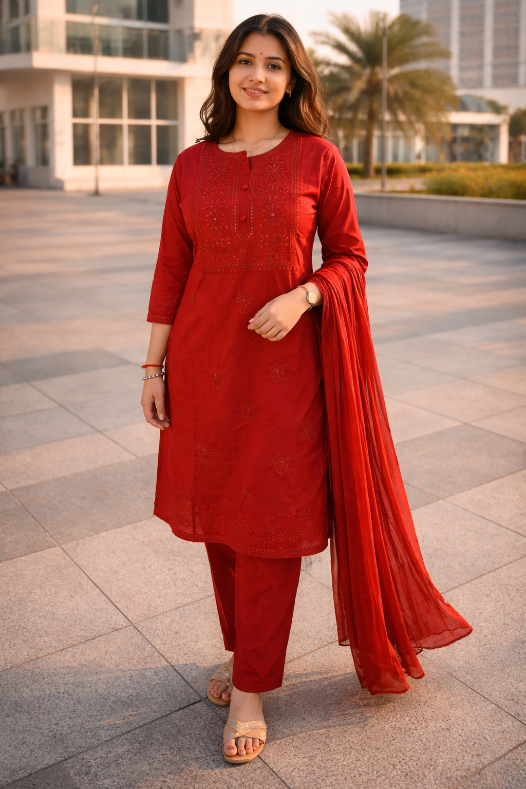 MAROON EMBROIDERED COTTON SUIT SET