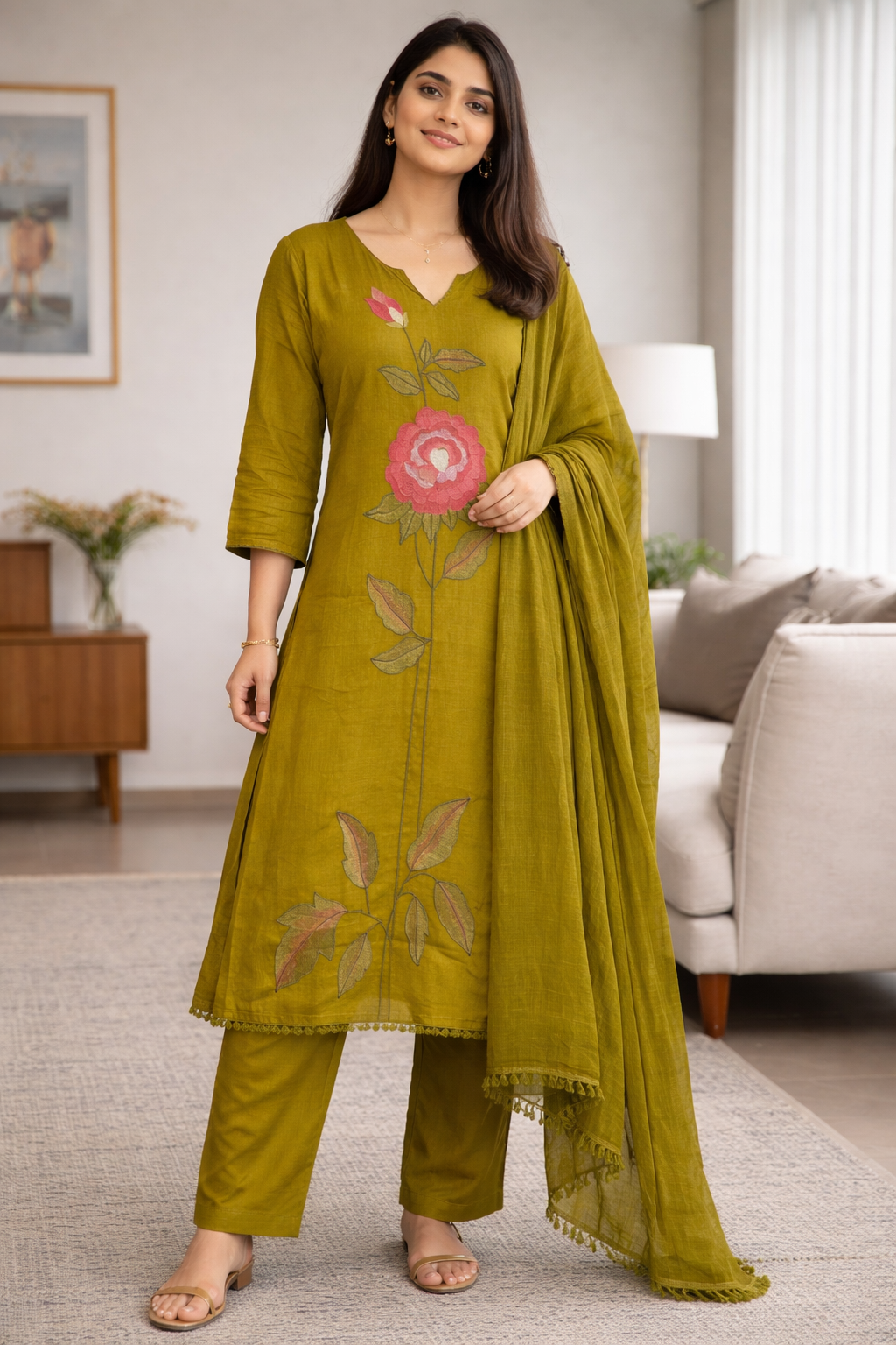 OLIVE GREEN MUL COTTON SUIT SET