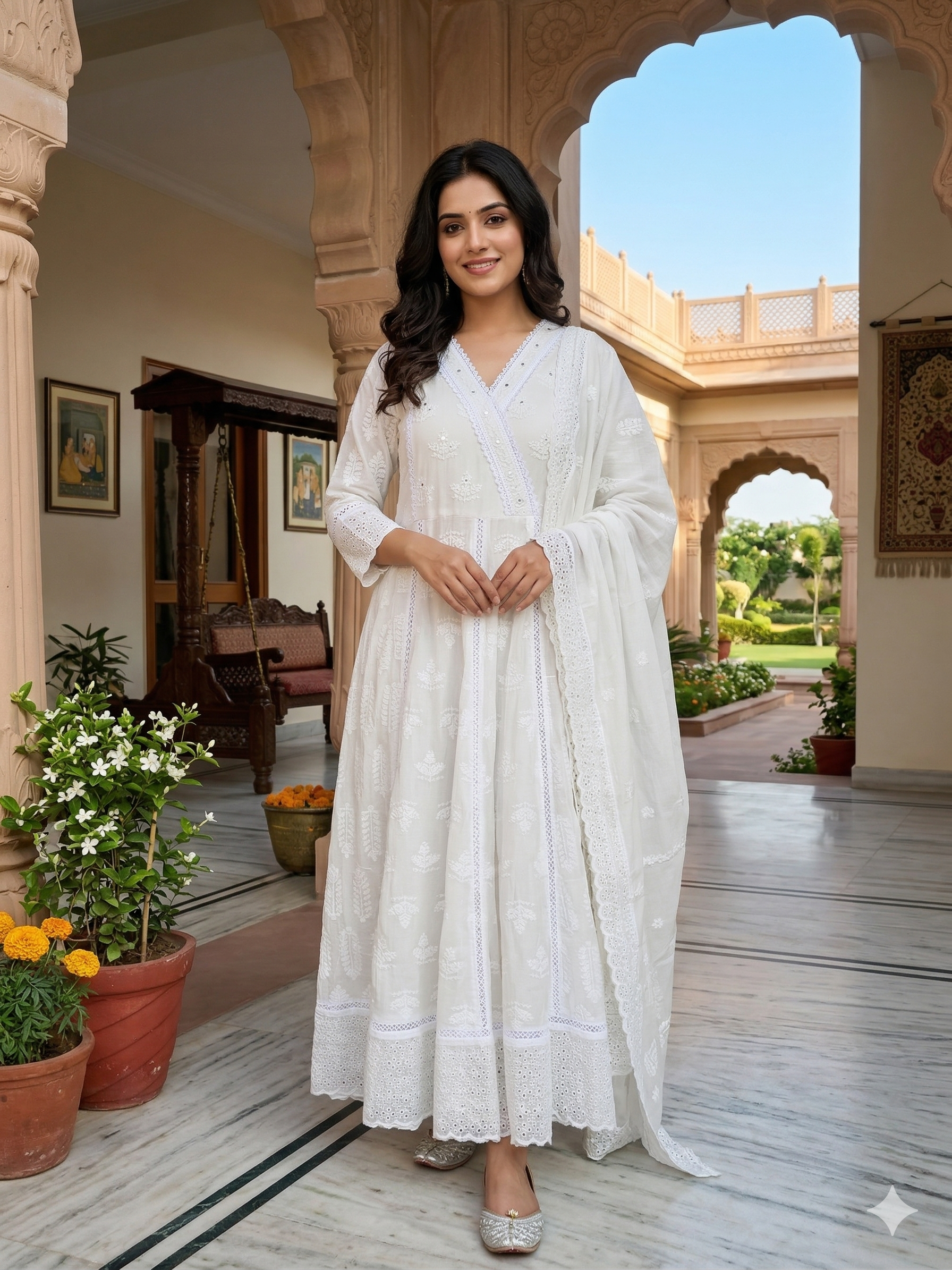IVORY CHIKANKARI ANARKALI SUIT SET