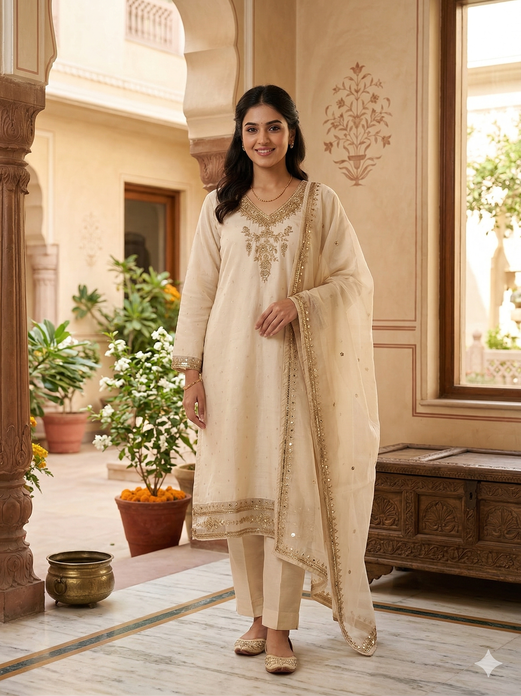 BEIGE HAND EMBROIDERED SUIT SET