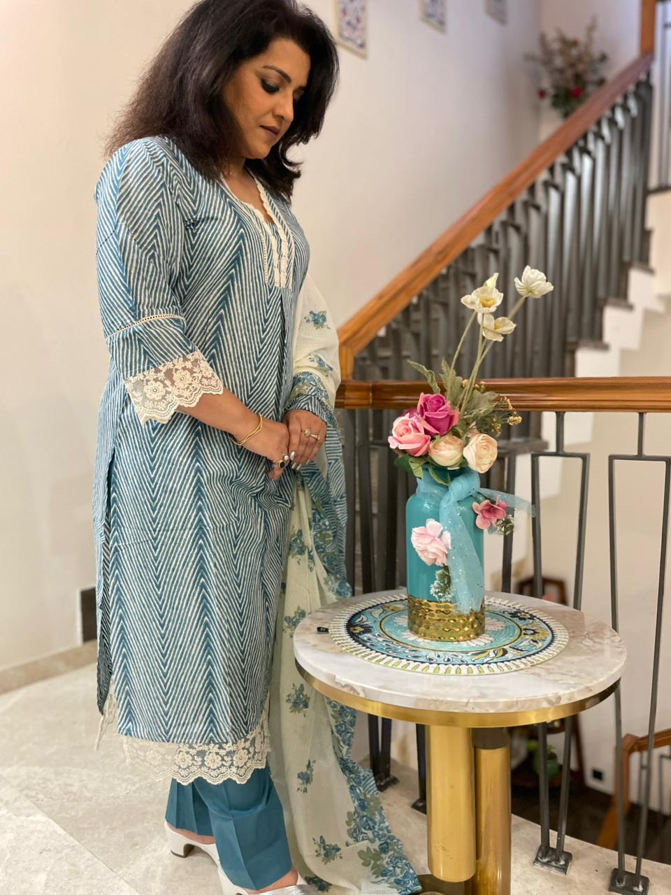 SKY BLUE & WHITE COTTON PRINTED SUIT SET