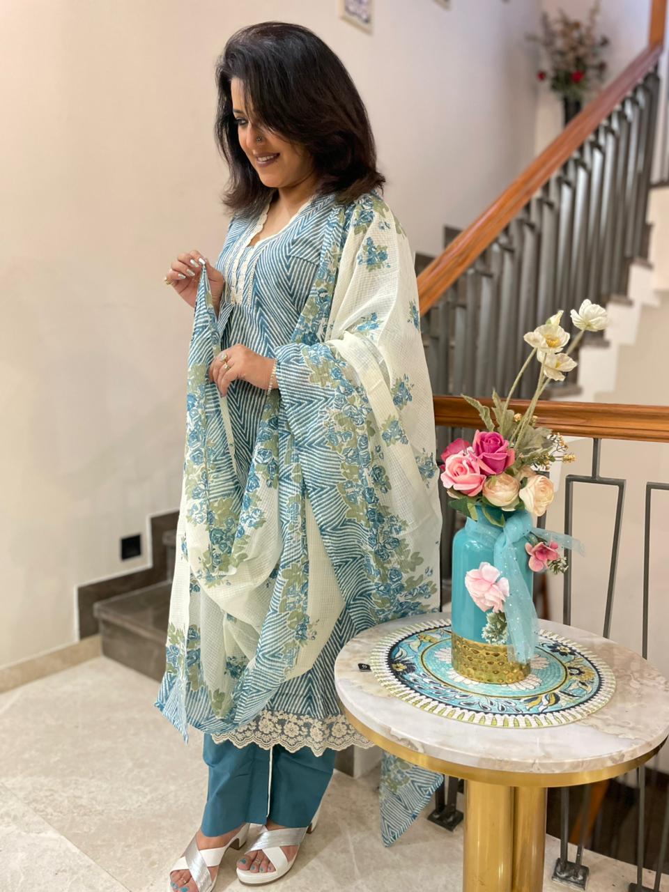 SKY BLUE & WHITE COTTON PRINTED SUIT SET