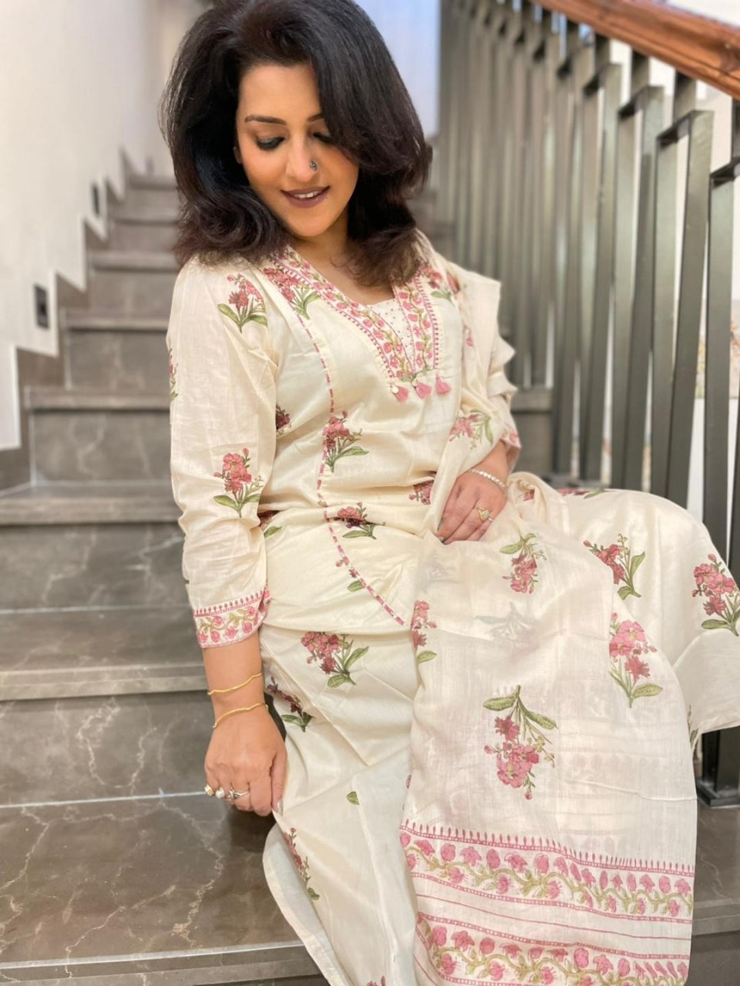 OFF WHITE FLORAL PRINTED COTTON SUIT SET