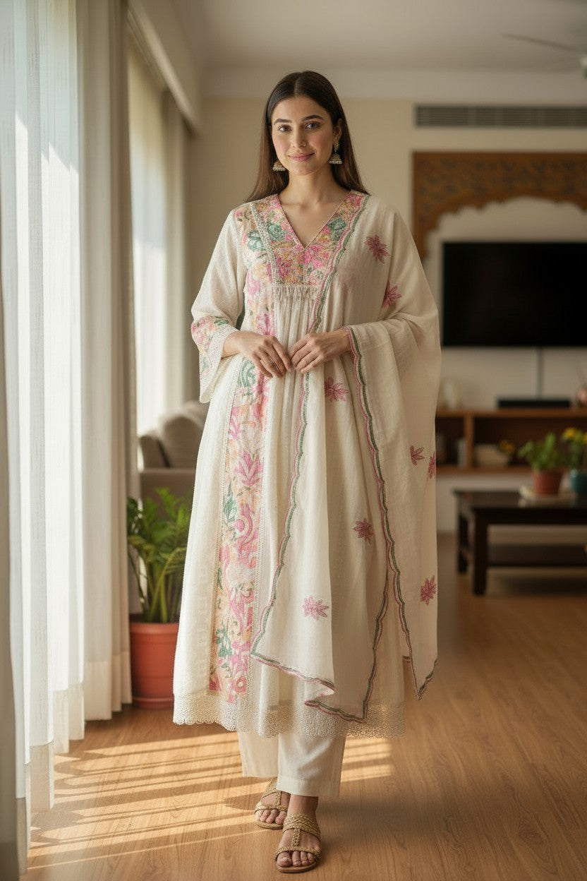 IVORY FLORAL COTTON SUIT SET