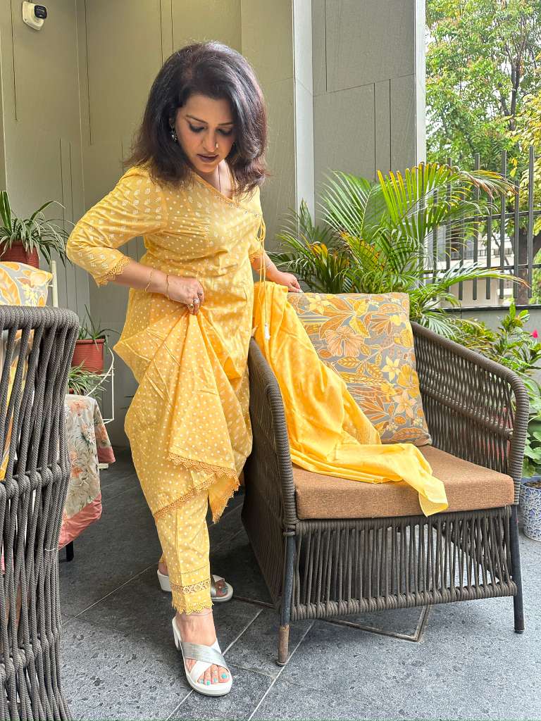 SUNSHINE YELLOW ANGRAKHA STYLE COTTON SUIT SET
