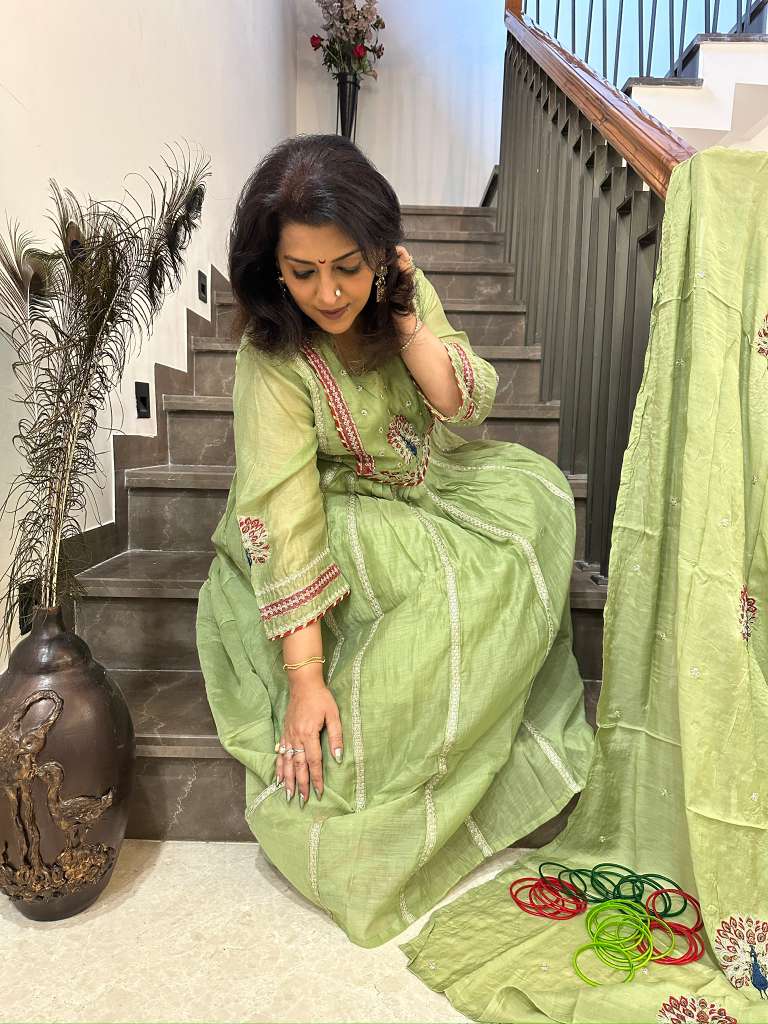 PISTA GREEN EMBROIDERED COTTON SUIT SET