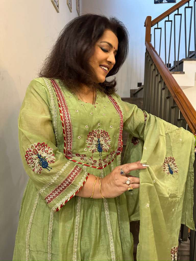 PISTA GREEN EMBROIDERED COTTON SUIT SET