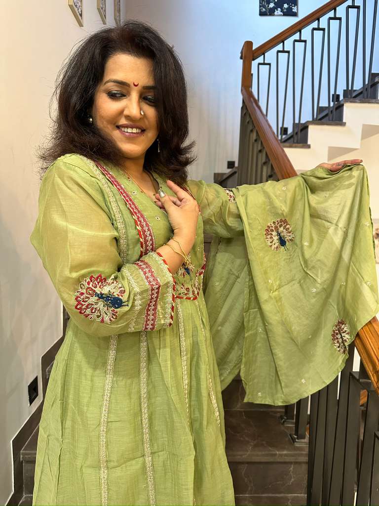 PISTA GREEN EMBROIDERED COTTON SUIT SET