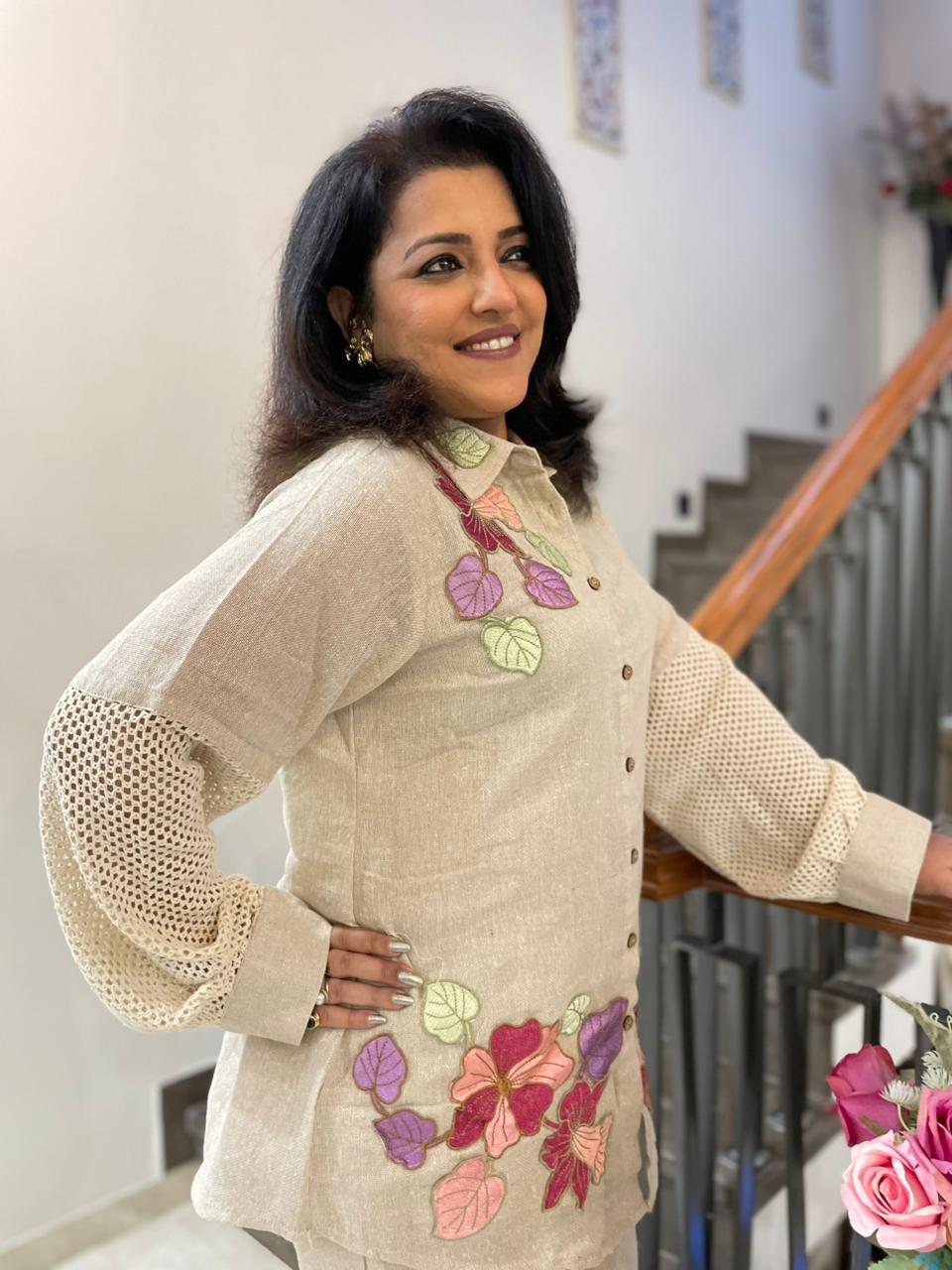 BEIGE JUTE CO-ORD SET WITH FLORAL PATCHWORK