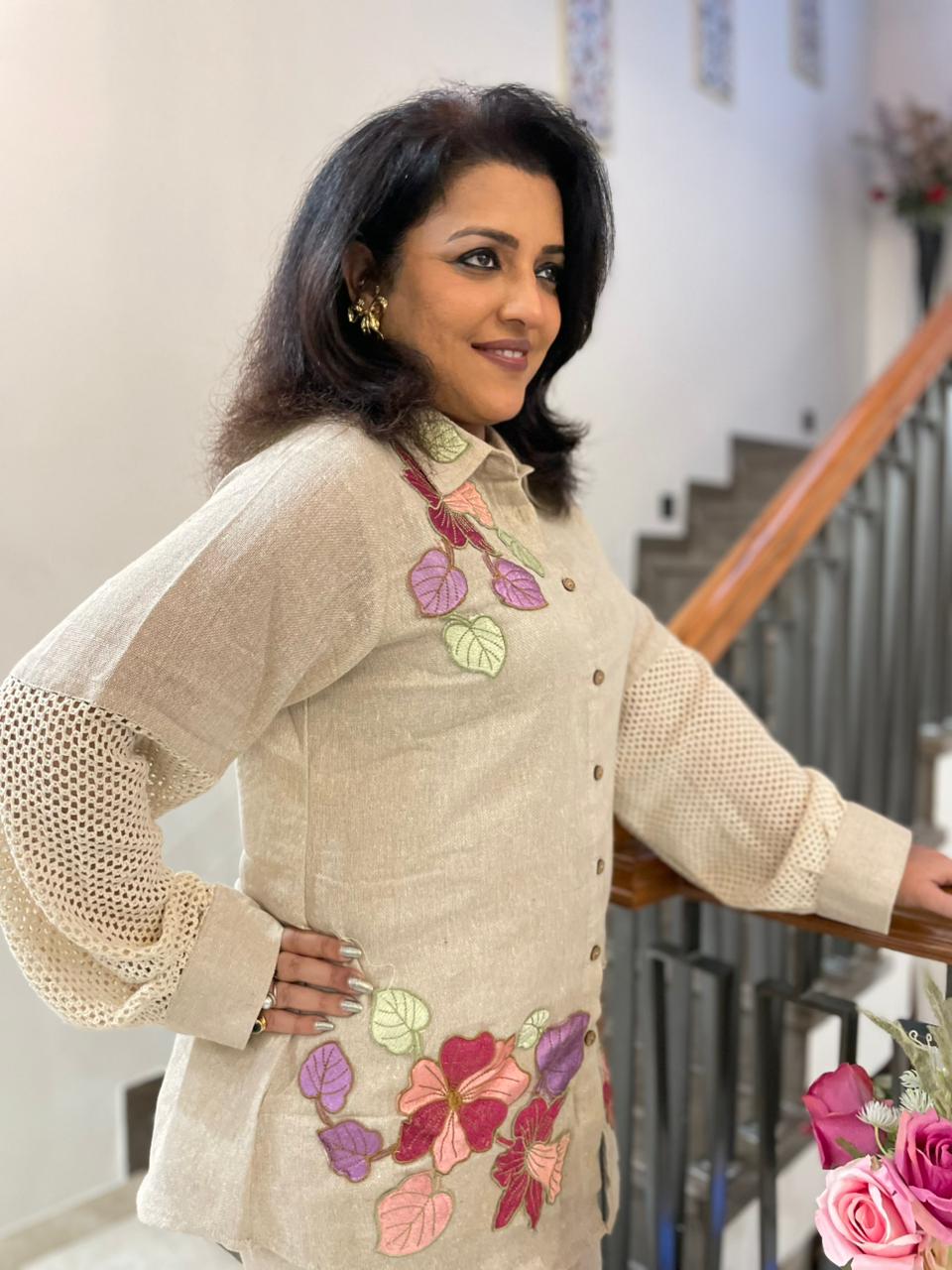 BEIGE JUTE CO-ORD SET WITH FLORAL PATCHWORK