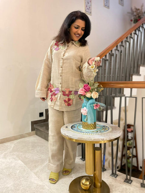 BEIGE JUTE CO-ORD SET WITH FLORAL PATCHWORK