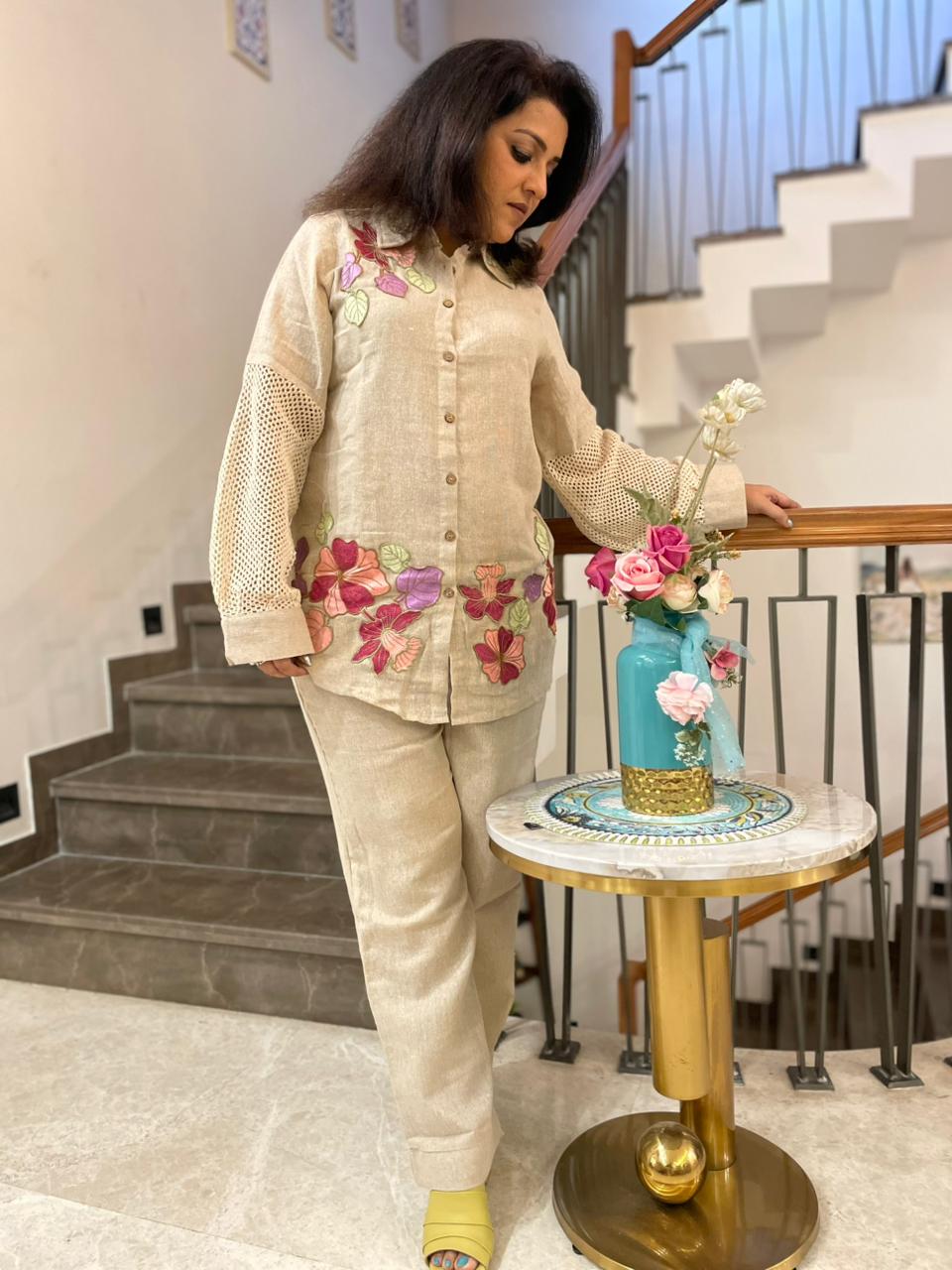 BEIGE JUTE CO-ORD SET WITH FLORAL PATCHWORK