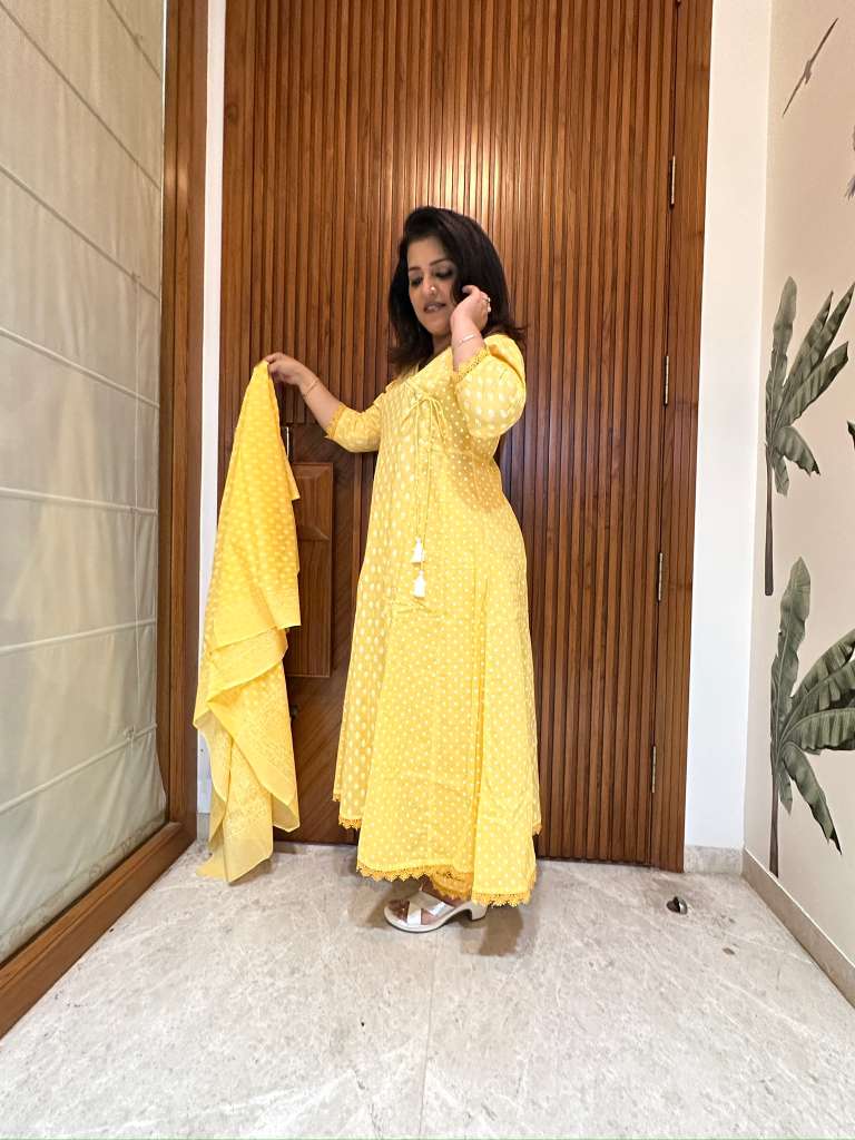 SUNSHINE YELLOW ANGRAKHA STYLE COTTON SUIT SET