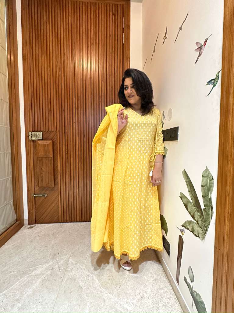 SUNSHINE YELLOW ANGRAKHA STYLE COTTON SUIT SET