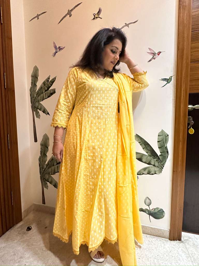 SUNSHINE YELLOW ANGRAKHA STYLE COTTON SUIT SET