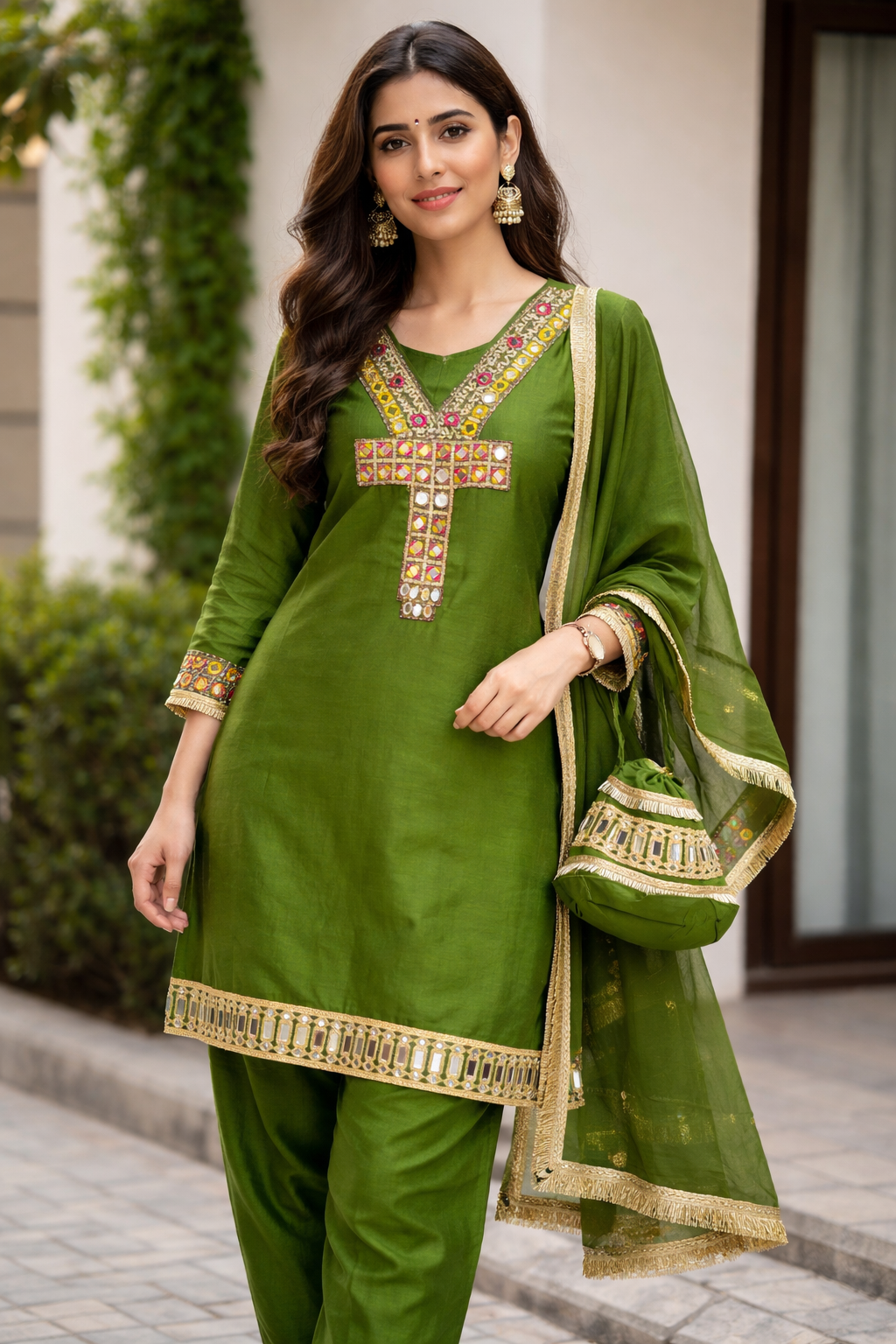 ELEGANT RICH GREEN THREAD & MIRROR WORK SUIT SET