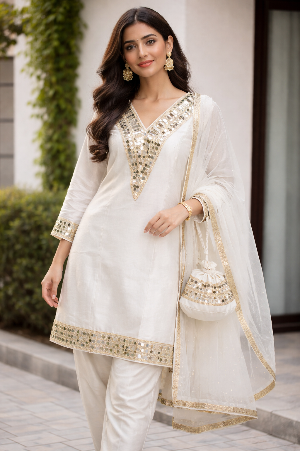 IVORY ELEGANT MIRROR WORK POTLI SUIT SET
